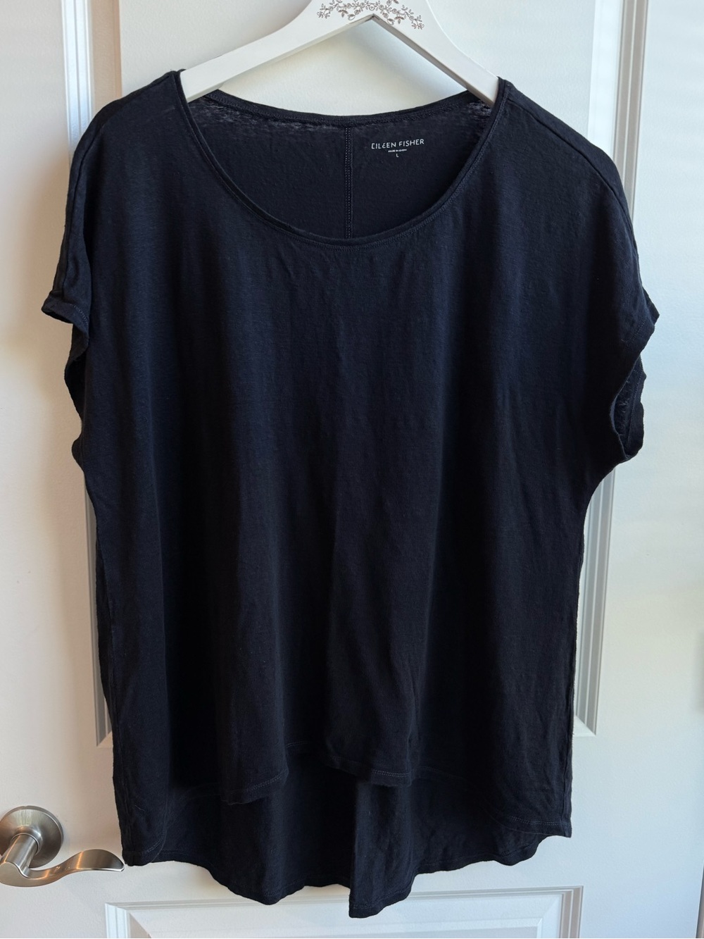 Eileen Fisher Navy Blue 100% Linen Short Sleeve Ter Hi Lo Large Contrast Stitch